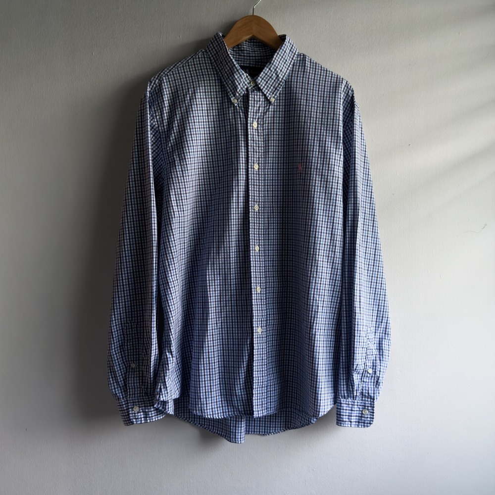 Ralph Lauren Gingham Check Button Down Shirt Mens XXL Blue White Preppy Shirt
